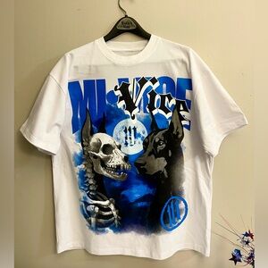 EVIL VICE Men’s White Graphic T-Shirt with Blue and Black Design NWOT